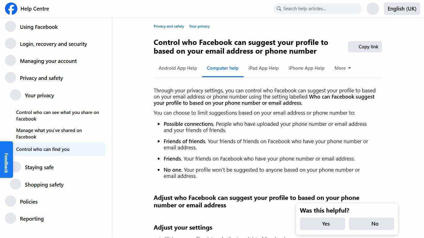 Control who Facebook can suggest your profile to based on your email address or phone number | Facebook Help Centre